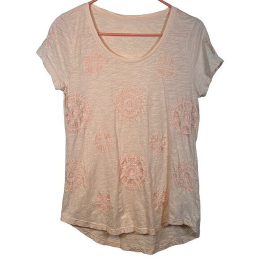 Lucky Brand Pink Peach Embroidered S/S Shirt Size Med EUC #7395
